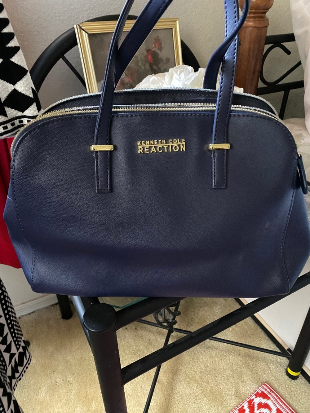 Kenneth Cole Reaction Navy Blue Satchel Handbag | Gold Hardware | Double Zip